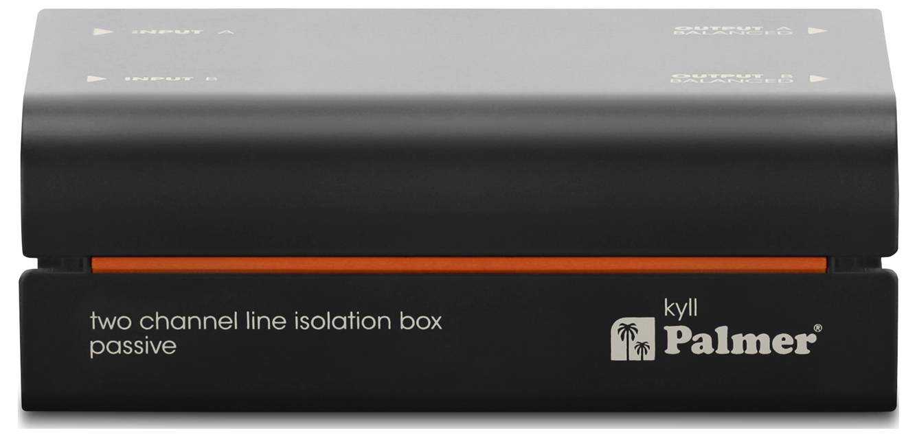 Black Palmer 'two channel line isolation box' passive audio device with orange accent strip and logo on front panel.Schwarze Palmer 'zwei-Kanal-Leitungsabschottungsbox' passives Audiogerät mit orangefarbigem Akzentstreifen und Logo auf der Frontplatte.