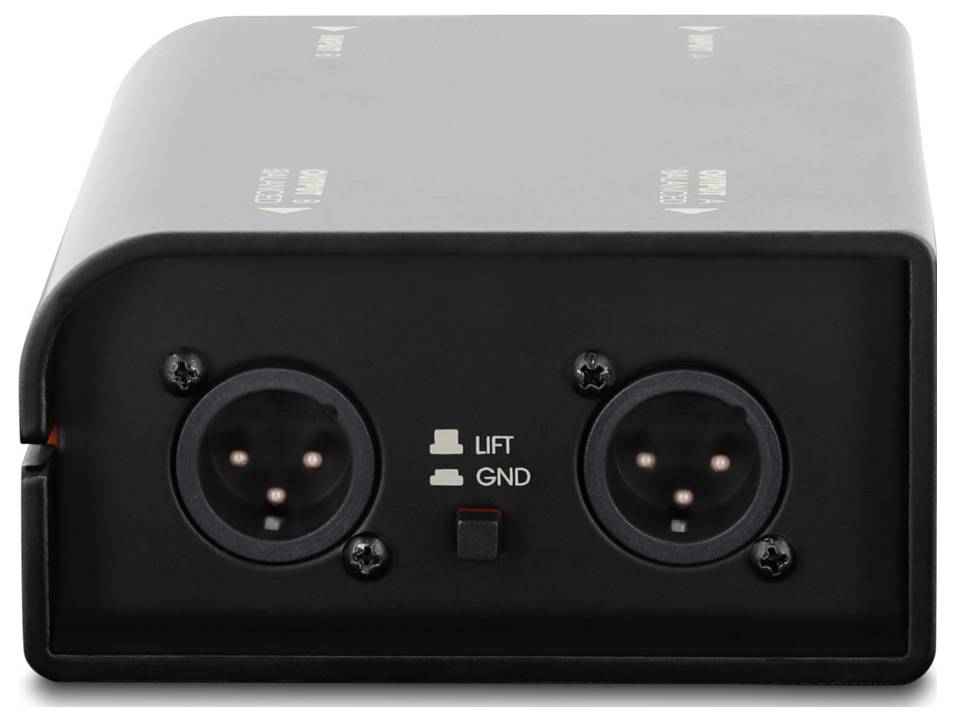Schwarzes elektrisches Gerät mit zwei runden 3-poligen Steckverbindern und einem zentralen „LIFT