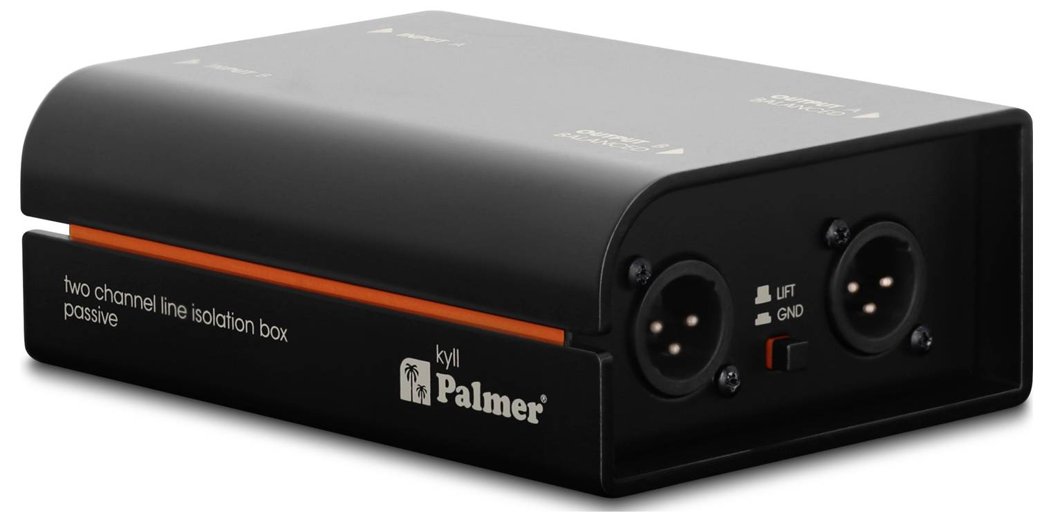 Black Palmer Zweikanal-Leitungsisolationsbox mit orangefarbener Akzentuierung und zwei XLR-Buchsen auf der Frontplatte