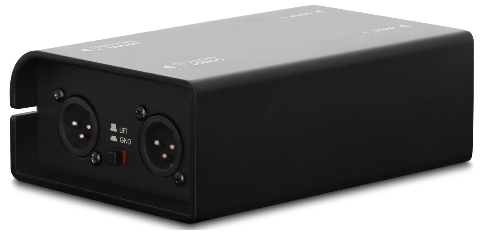 Schwarzes rechteckiges Audiogerät mit zwei XLR-artigen Eingangssteckern an der Vorderseite und einem kleinen LFT/GND-Schalter.