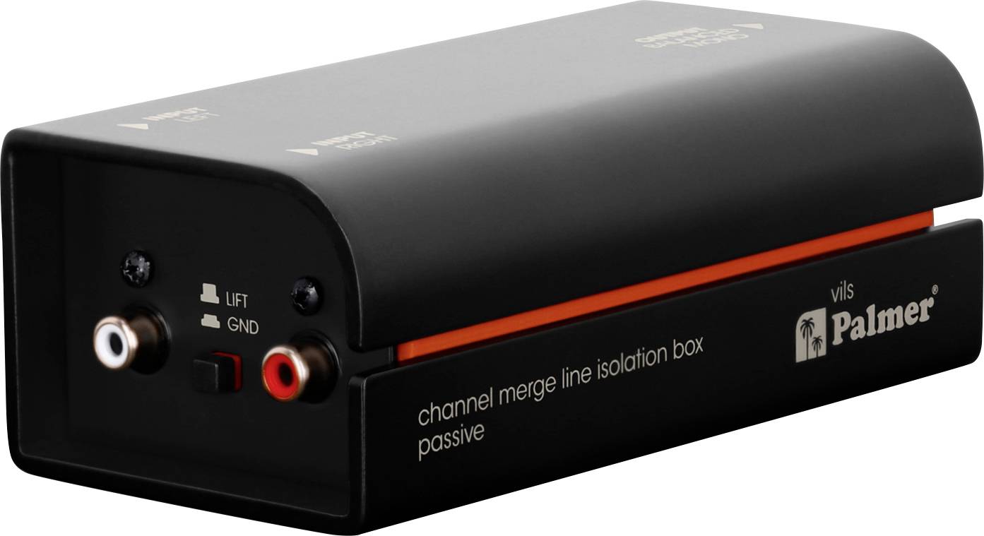 Black Palmer 'passive channel merge line isolation box' mit linken/rechten Audio-Buchsen auf weißem Hintergrund.