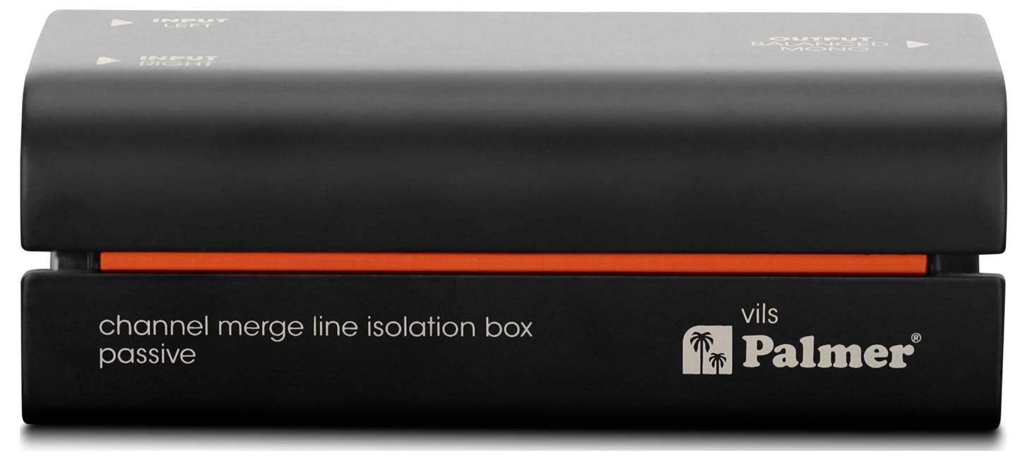Schwarzer Palmer 'Channel Merge Line Isolation Box' passives Audiogerät mit orangefarbigem Akzentstreifen auf weißem Hintergrund