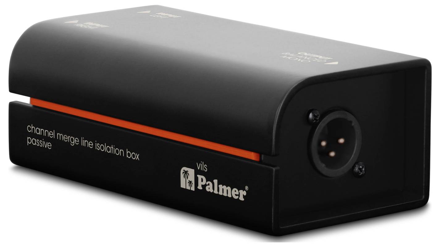 Black Palmer 'channel merge line isolation box' audio device with orange accent strip and front input jackSchwarzes Palmer 'channel merge line isolation box' Audiogerät mit orangefarbigem Akzentstreifen und frontalem Eingangsbuchse