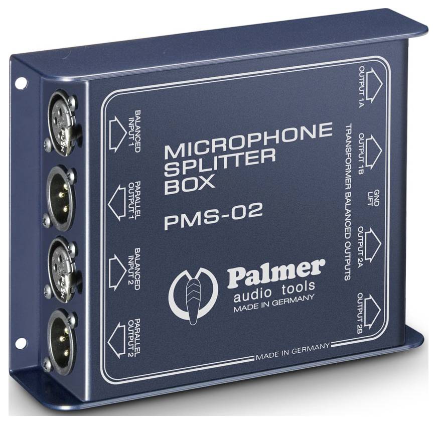 Blue Palmer Mikrofon-Splitter-Box PMS-02 mit vier XLR-Eingängen auf der linken Seite und vier gekennzeichneten symmetrierten Ausgängen auf der rechten Seite