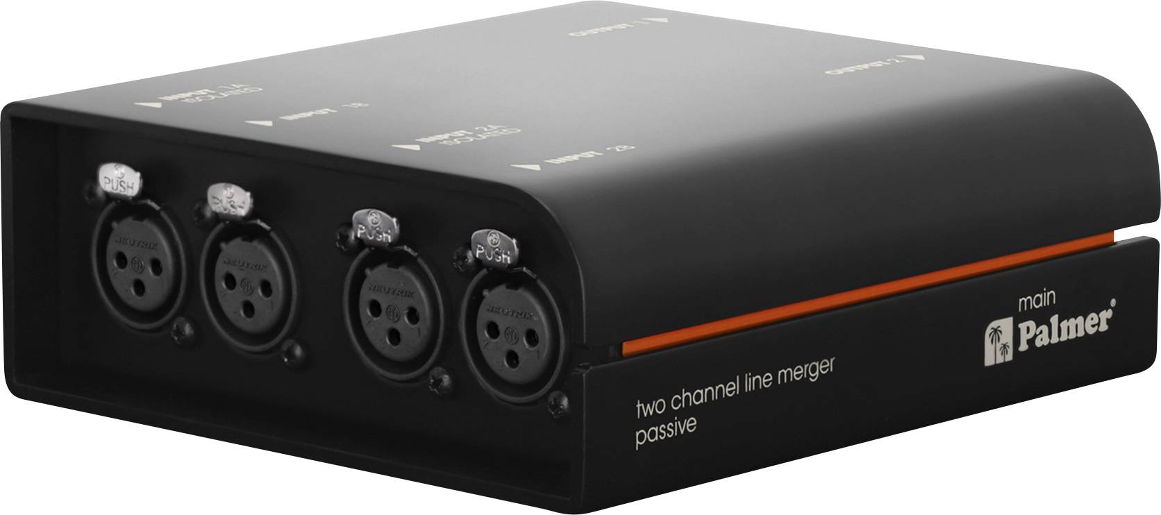 Black Palmer zwei-Kanal-Leitungsmischer passive Audio-Box mit vier XLR Ein-/Ausgangsanschlüssen und orangefarbenem Akzentstreifen.
