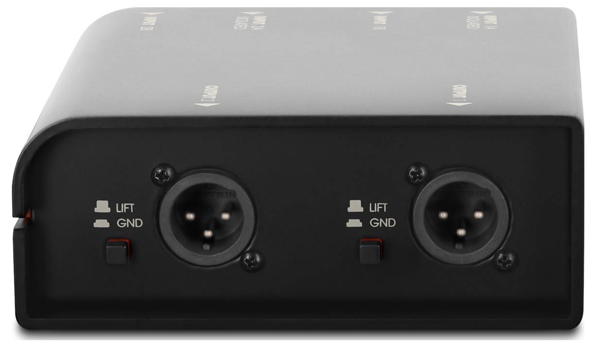 Schwarze Dual-XLR-Audiobox mit zwei Eingänge/Ausgänge auf der Frontplatte und Hebevorrichtung/Masseerdungsschaltern
