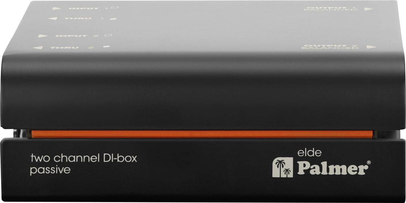 Schwarzes Elde Palmer 'zwei Kanal DI-Box passiv' Audiogerät mit orangefarbenem Akzentstreifen und Logo auf der Frontplatte.