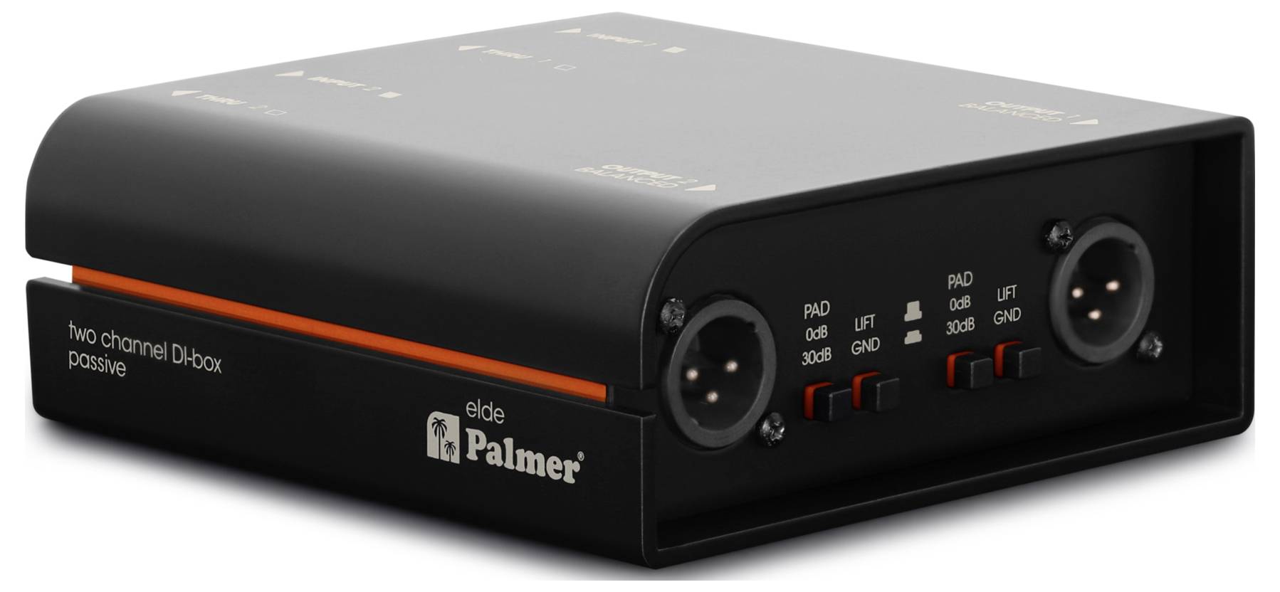 Palmer Audio DI-Box in Schwarz mit zwei Eingangsbuchsen, auf der Vorderseite mit 
