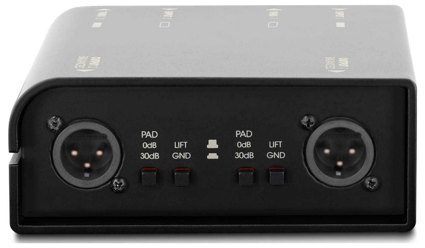Schwarze Audio-Box mit zwei XLR-Eingängen und Schaltern auf der Frontplatte mit den Beschriftungen PAD 0dB 30dB und LIFT GND.
