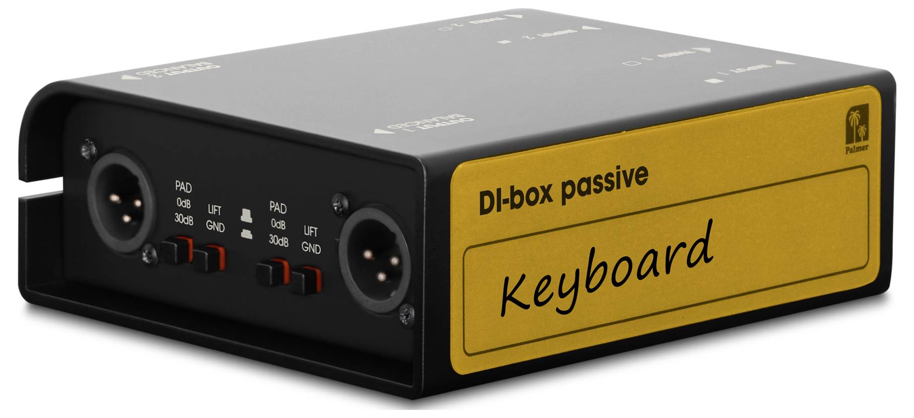Schwarze passive DI-Box mit der Beschriftung „Keyboard
