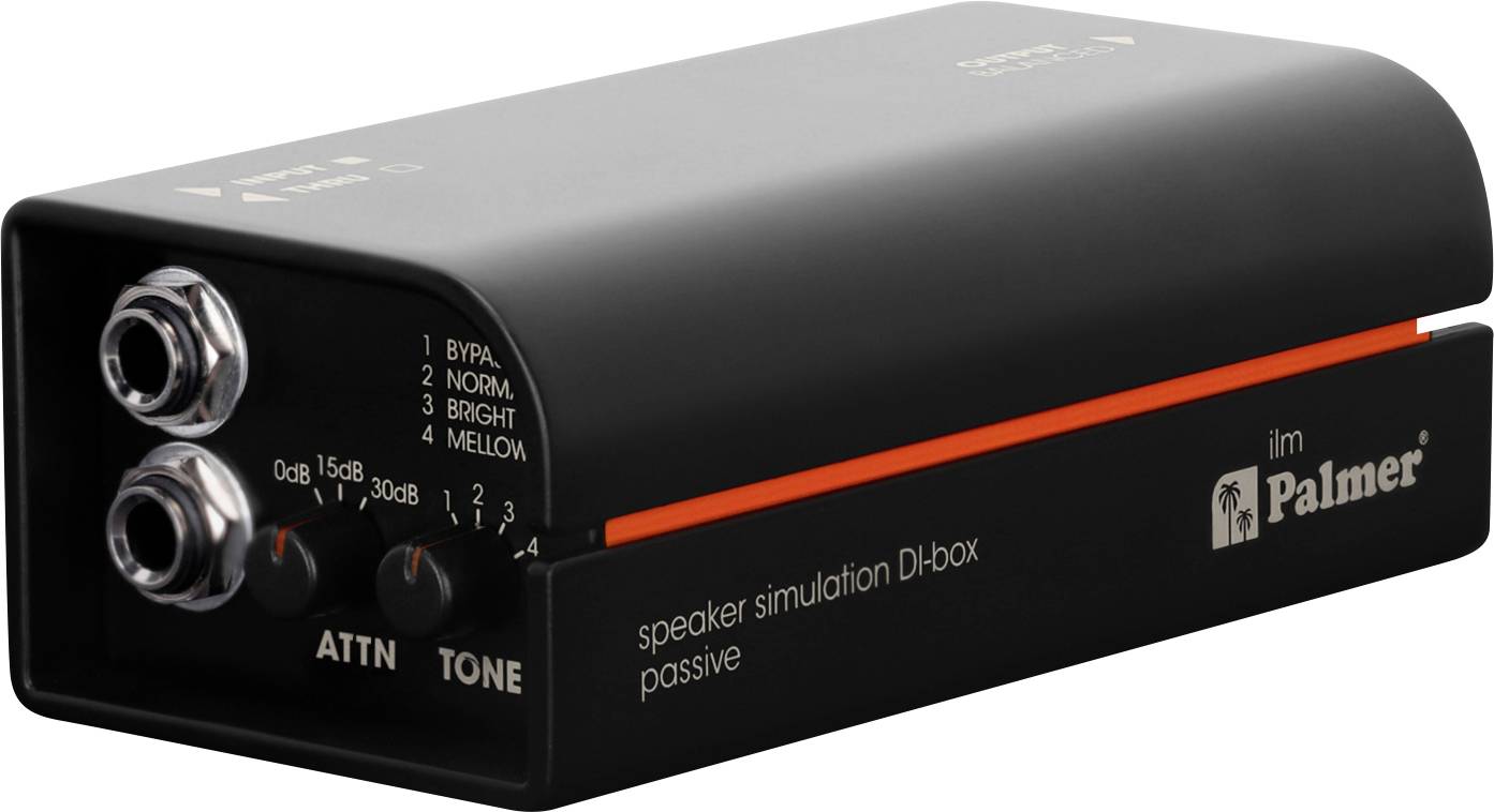 Black Palmer Speaker Simulation DI Box mit zwei Eingangsbuchsen, Abschwächungs- und Tonreglern sowie einem orangefarbenen Seitenstreifen.