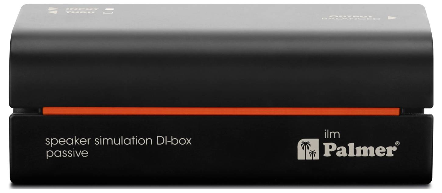 Schwarze Verstärkungsbox mit orangenem Etikett, XLR-Eingang und Lift-/Masseumschalter auf der Frontplatte.