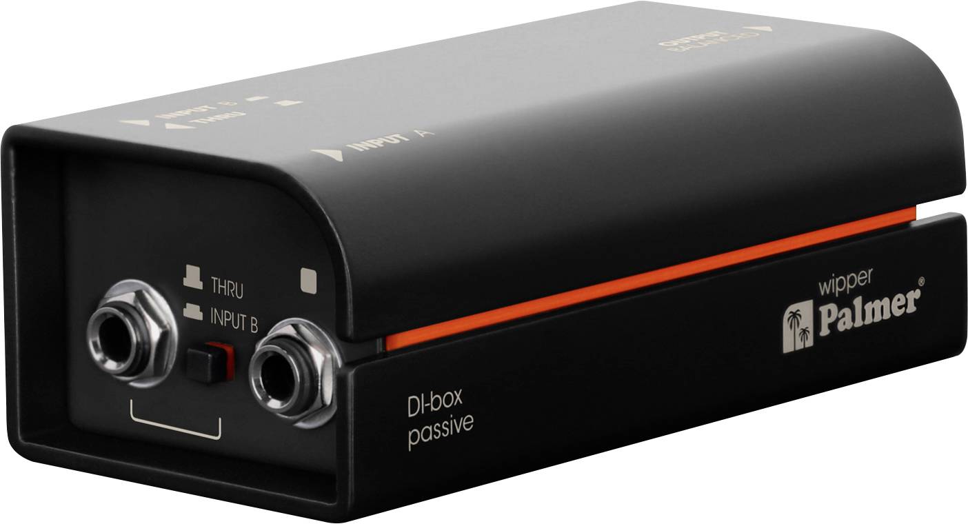 Black Palmer 'DI-box passive' Audio-Interface-Gerät mit zwei vorderen Buchsen, Indikator-LED und orangefarbenem Akzentstreifen.