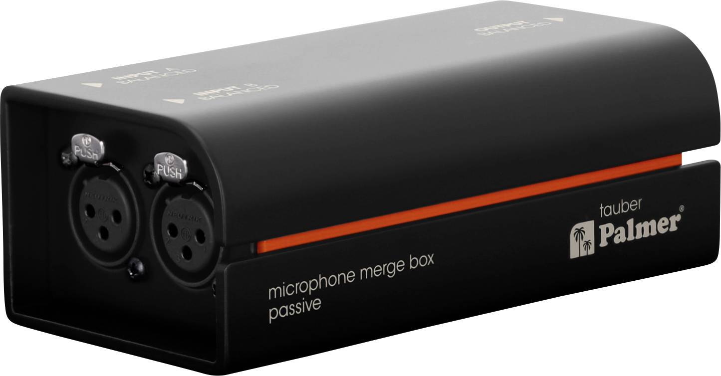 Black Palmer 'tauber' passive Mikrofonmischbox mit zwei XLR-Eingängen an der Vorderseite und einem orangefarbenen Seitenstreifen.
