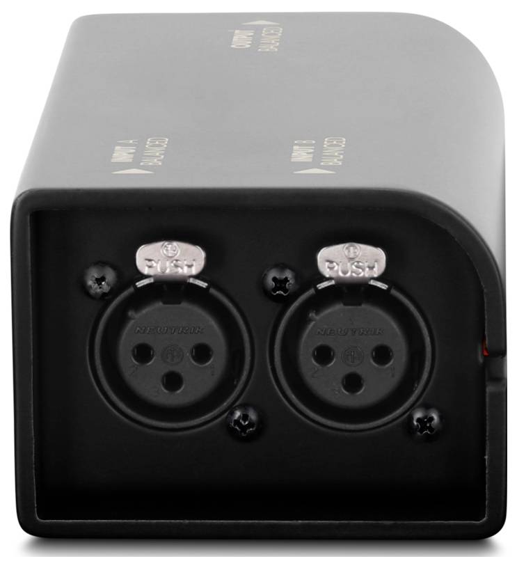 Schwarzes rechteckiges Audio-Interface mit zwei XLR-Eingängen an der Vorderseite, beschriftet mit „USB