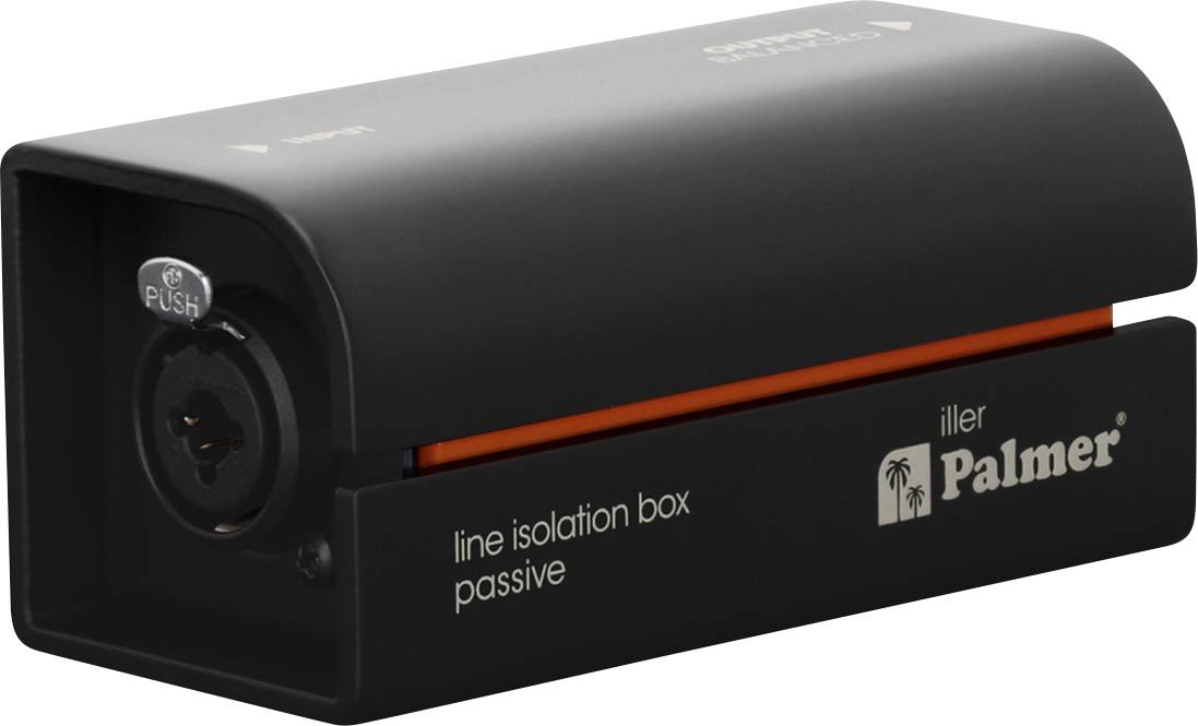 Black Palmer 'line isolation box passive' Audiogerät mit frontalem Druckknopfanschluss und orangefarbigem Akzentstreifen.