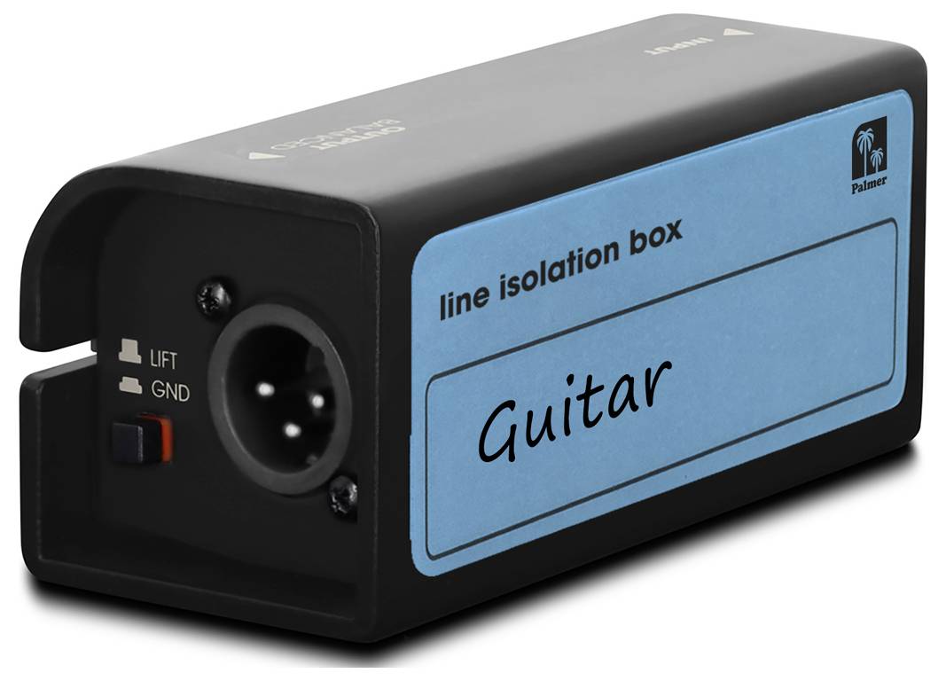 Schwarze Isolierbox mit schwarzer Linie und blauem Etikett mit der Aufschrift „Guitar