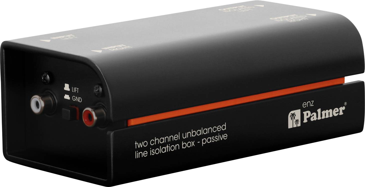 Schwarze Palmer Zweikanal-Unbalanced-Line-Isolierbox mit sichtbaren Eingangsbuchsen und orangefarbenem Akzentstreifen.
