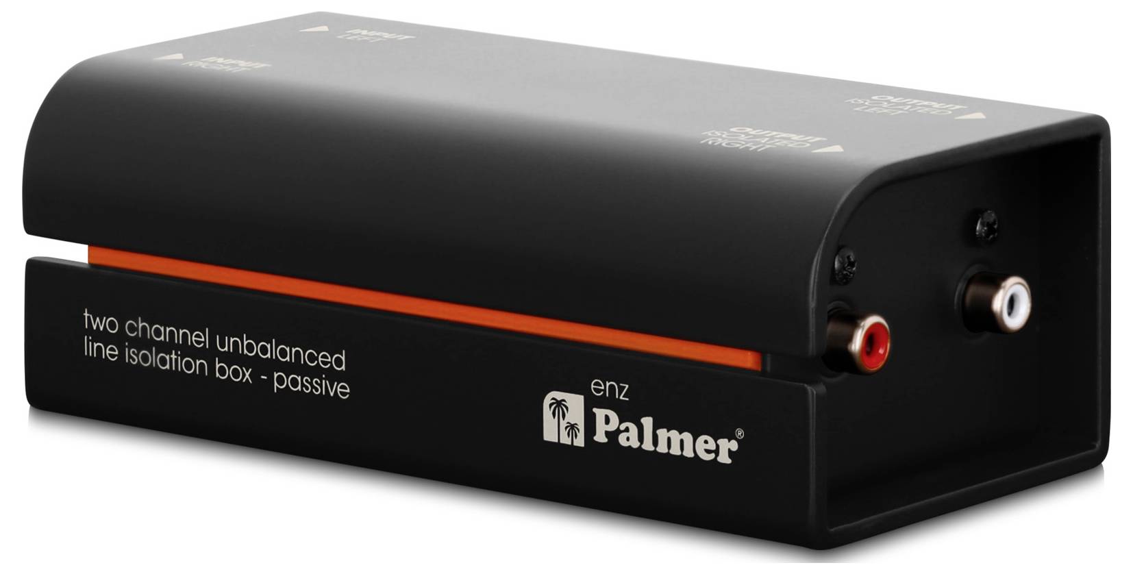 Black Palmer enZ passive two-channel unbalanced line isolation box with red and white audio jacks on the front and sideSchwarze Palmer enZ passive Zwei-Kanal-Unbalanced-Line-Isolationsbox mit roten und weißen Audio-Buchsen auf der Vorder- und Seite