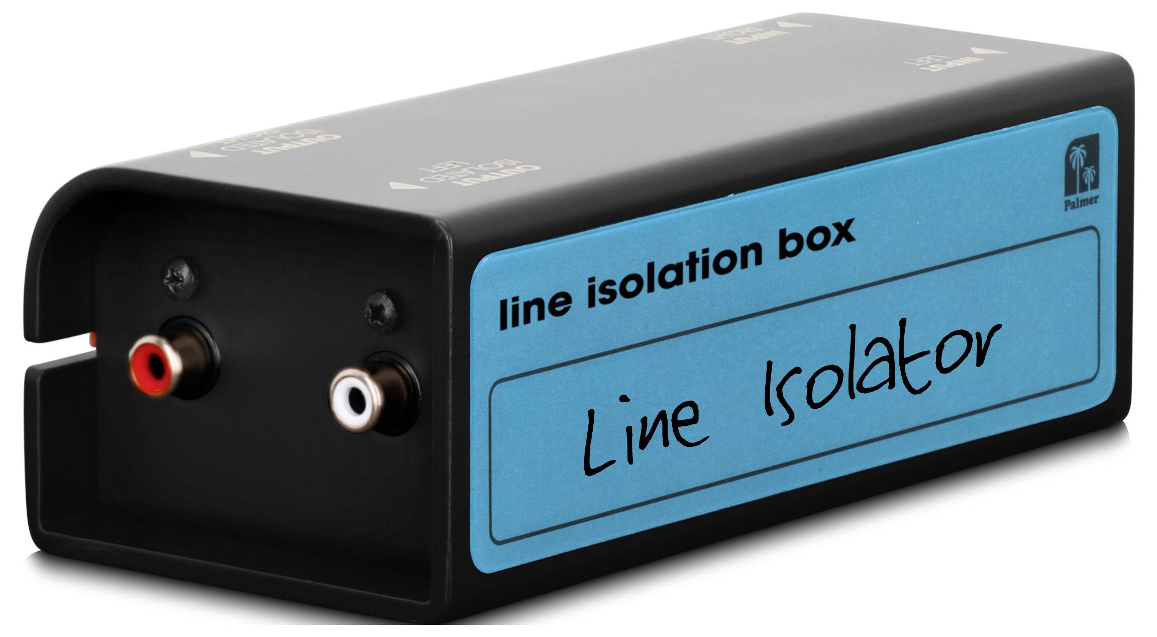 Schwarze Isolierbox mit zwei vorderen Audiobuchsen und blauem Etikett mit der Aufschrift „Line Isolator