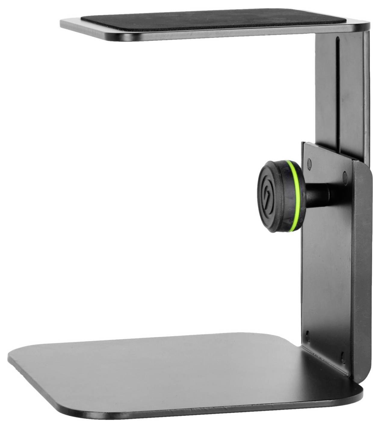 Schwarze Metall-Regalbracket für Schreibtische mit oberer und unterer Plattform und grünem Seitenknauf zur Einstellung oder Verriegelung.
