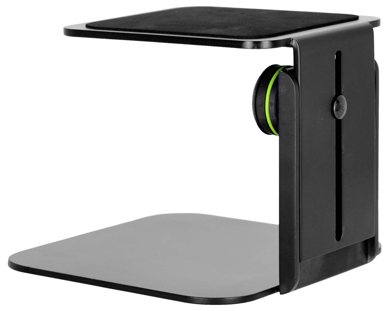 Schwarzer verstellbarer Laptop-Ständer mit zwei flachen Plattformen und einem seitlichen Knopf zur Höhen- oder Winkelverstellung.