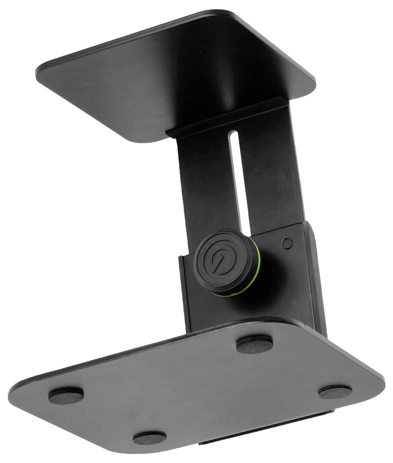 Schwarze verstellbare Deckenhalterung für Projektoren mit zwei Montageplatten und einem zentralen Verriegelungsknopf auf weißem Hintergrund.