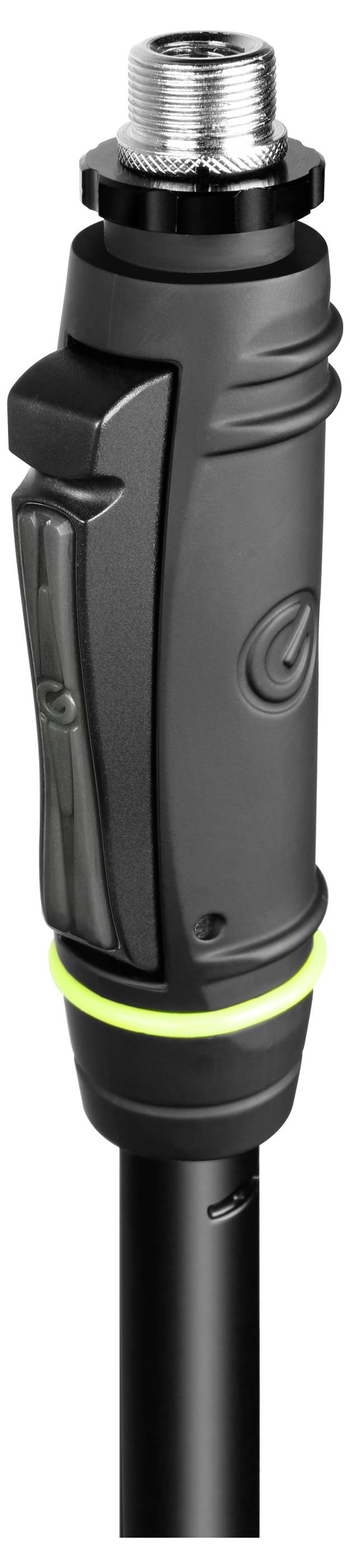 Tragbares schwarzes Gerät mit Gewinde-Metalltop und neongrünem Ring, auf einem schwarzen Pfosten montiert, wahrscheinlich ein Sensor- oder Kameragehäuse.