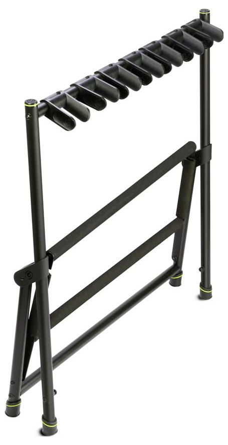 Schwarzes Metall-Gitarrenständer zum Zusammenklappen mit mehreren gepolsterten Fächern und unteren Stützstangen, gezeigt auf weißem Hintergrund.