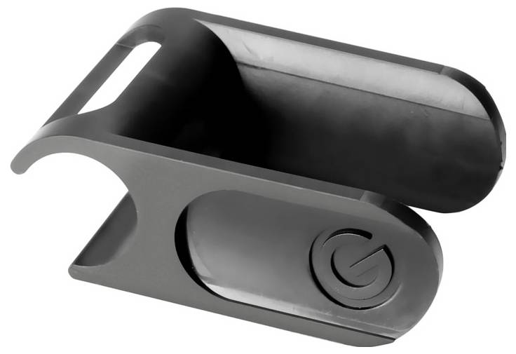 Schwarzes Smartphone-Zubehör zum Anclipsen mit Federklemme und magnetischer Oberfläche, gezeigt auf weißem Hintergrund.