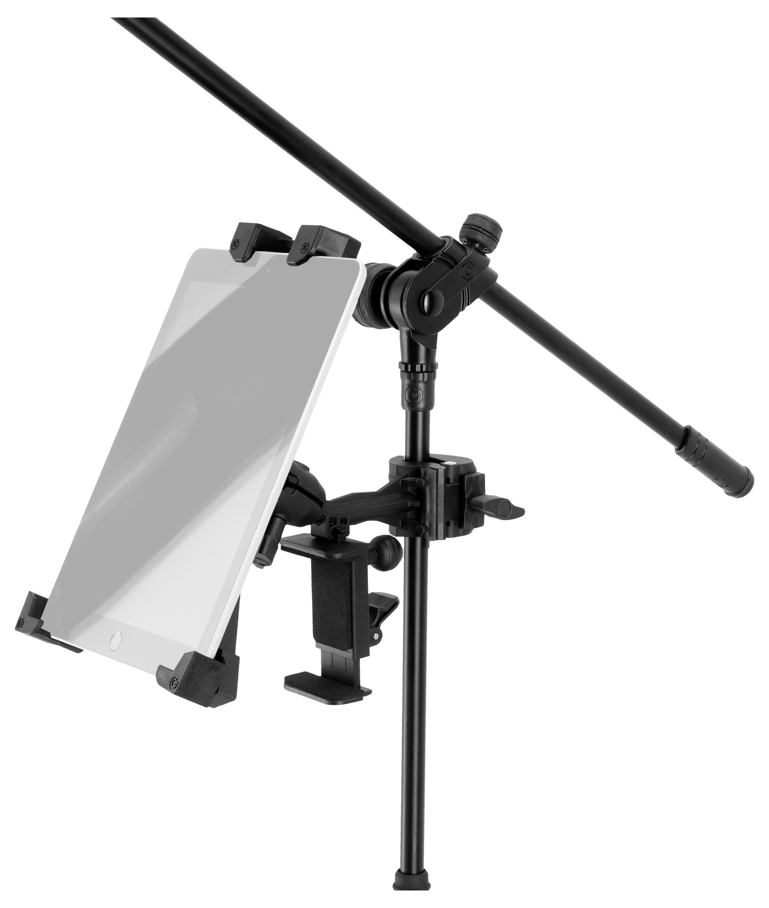 Mikrofonstativ mit Auslegerarm und Tablet-Halter isoliert auf weißem Hintergrund.