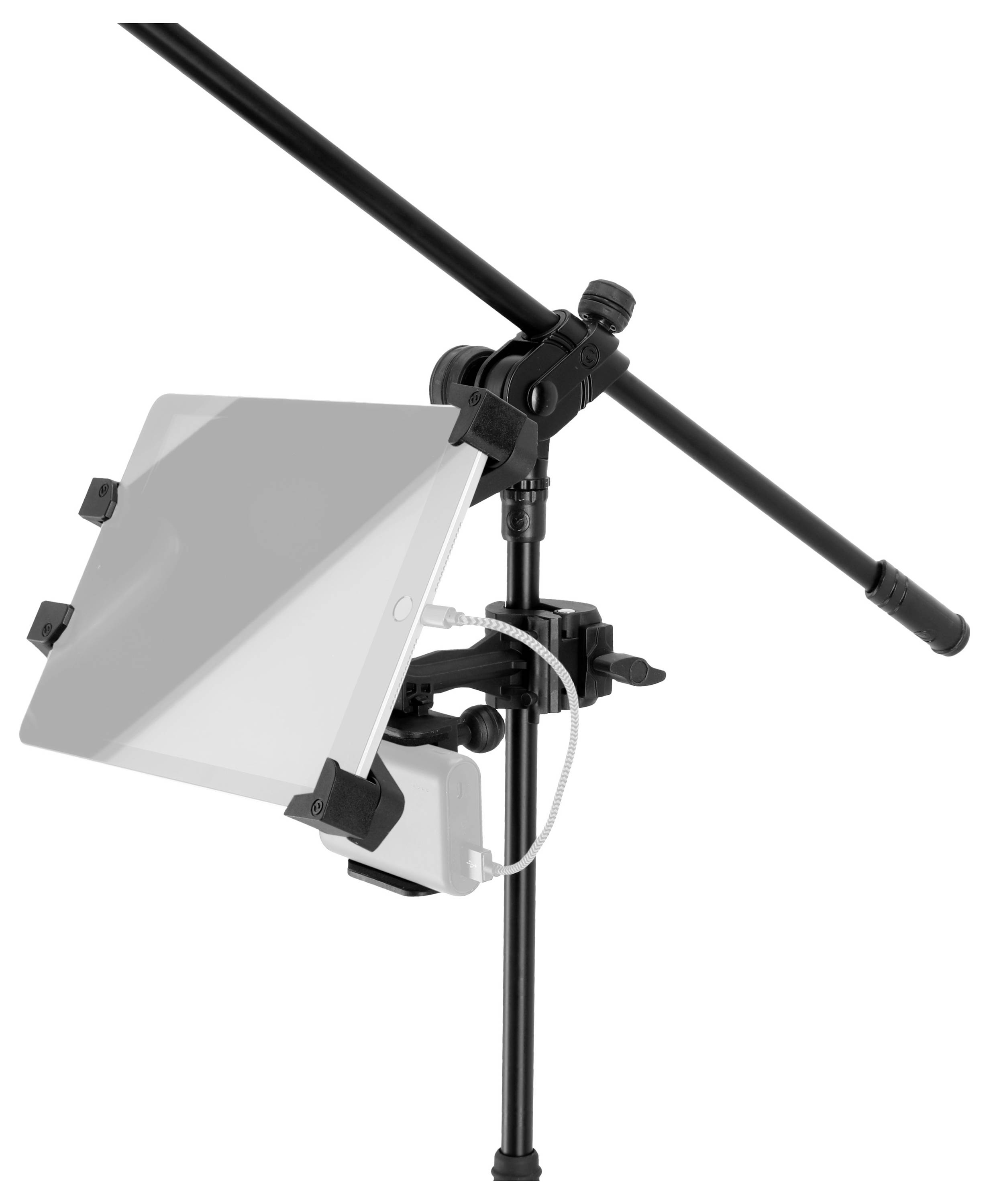 Overhead-Mikrofonständer mit Auslegerarm und angebrachtem Tablet- oder Notenhalter auf weißem Hintergrund.