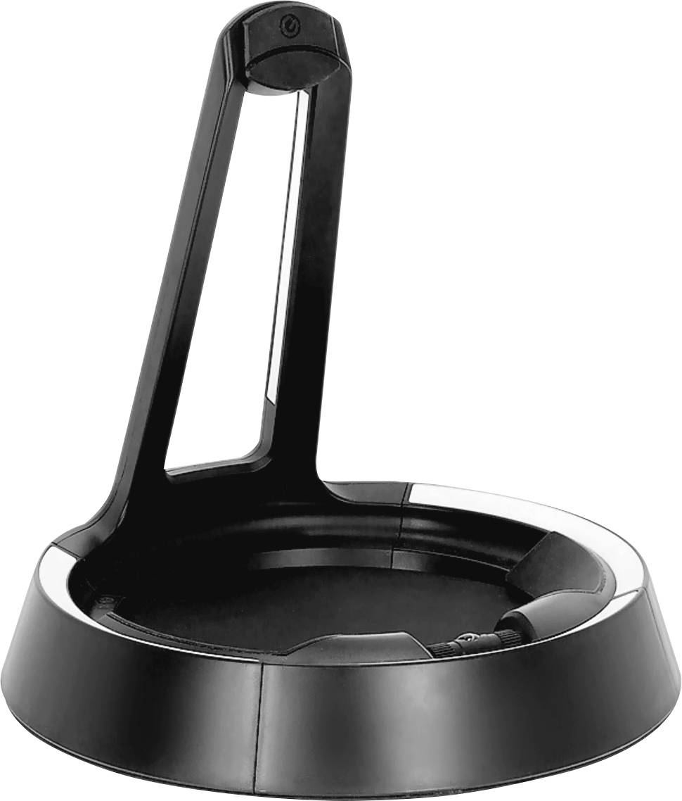 Schwarze runde Ladestation mit aufrechtem USB-C-Kabelschlitz für ein tragbares Gerät oder Rasierer.