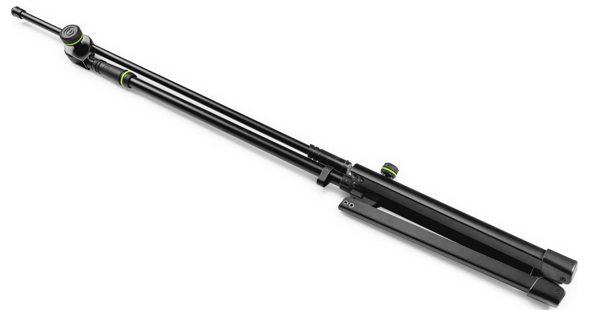 Schwarzes teleskopisches Gewehr auf weißem Hintergrund, diagonal dargestellt mit eingeklapptem Schaft und ausgefahrenem Lauf.