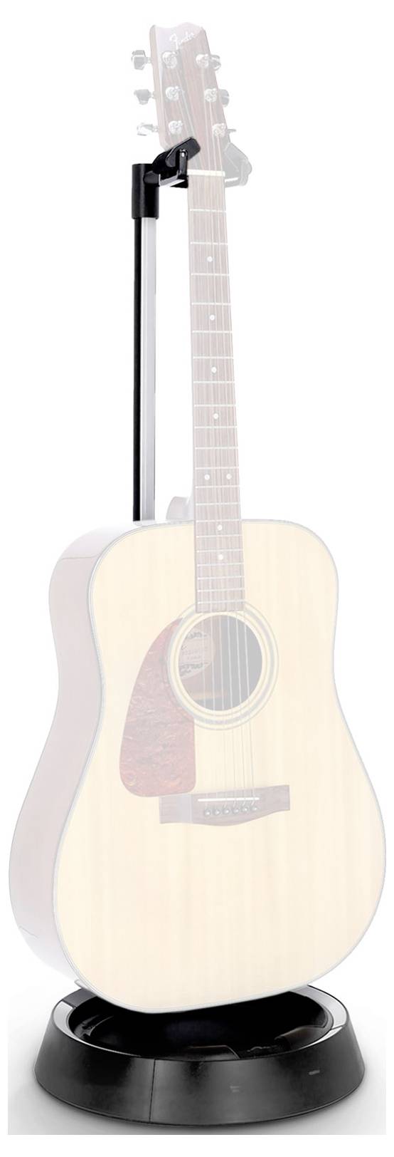 Akustische Gitarre auf einem rotierenden Displayständer, von vorne gezeigt mit einer schwachen Seitensilhouette im Hintergrund.