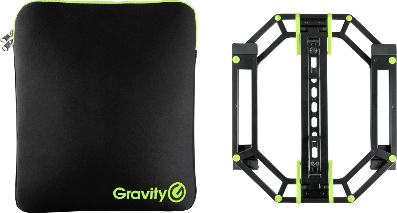 Black Gravity Transporttasche, geschlossen neben dem zusammengeklappten achteckigen Gestell dargestellt, mit grünen Akzenten und dem Gravity-Logo auf der Tasche sichtbar.