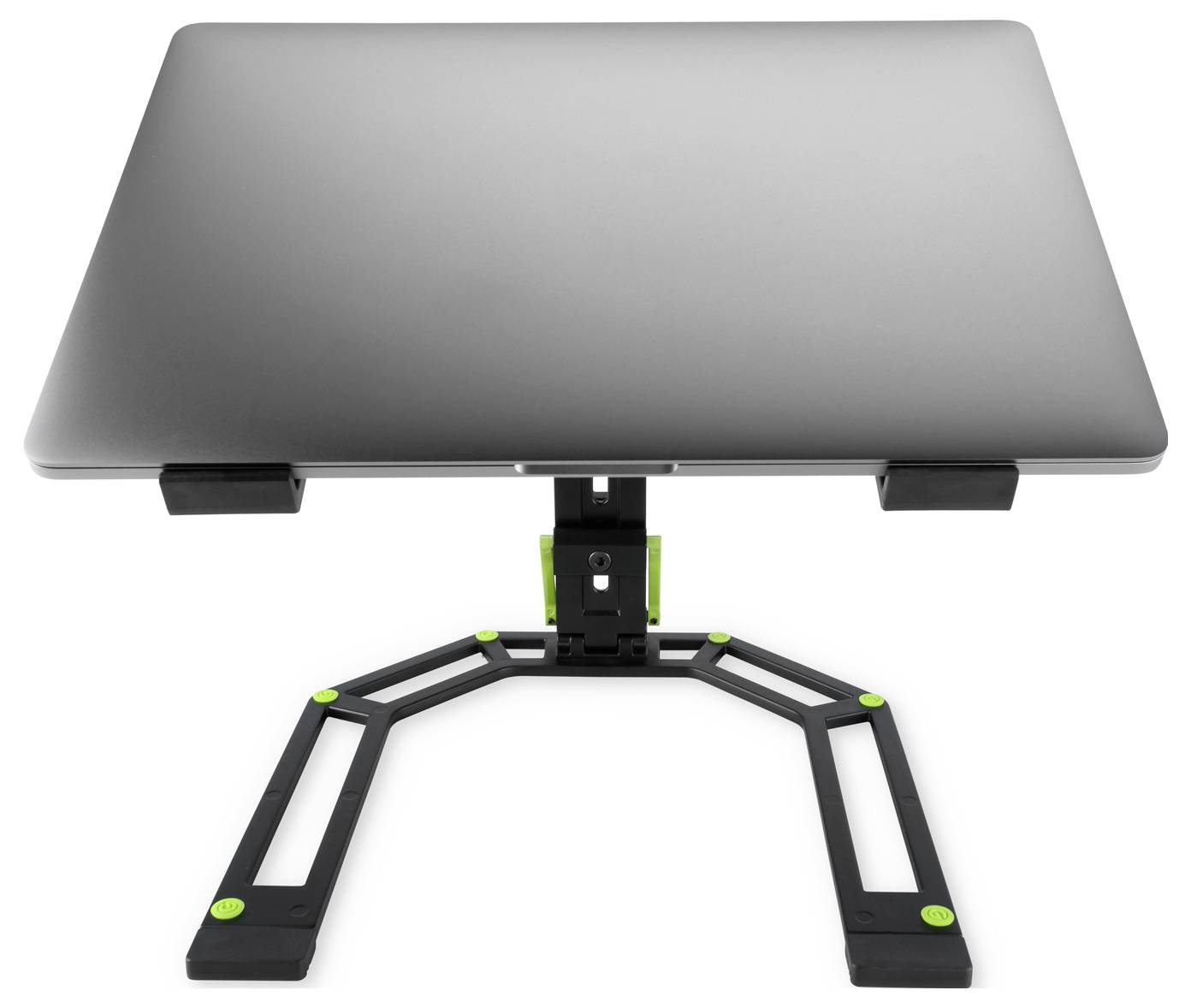 Verstellbarer Laptop-Ständer mit einer breiten silbernen Plattform auf einem schwarzen U-förmigen Sockel, entwickelt, um einen Laptop für die Schreibtischnutzung zu erhöhen.