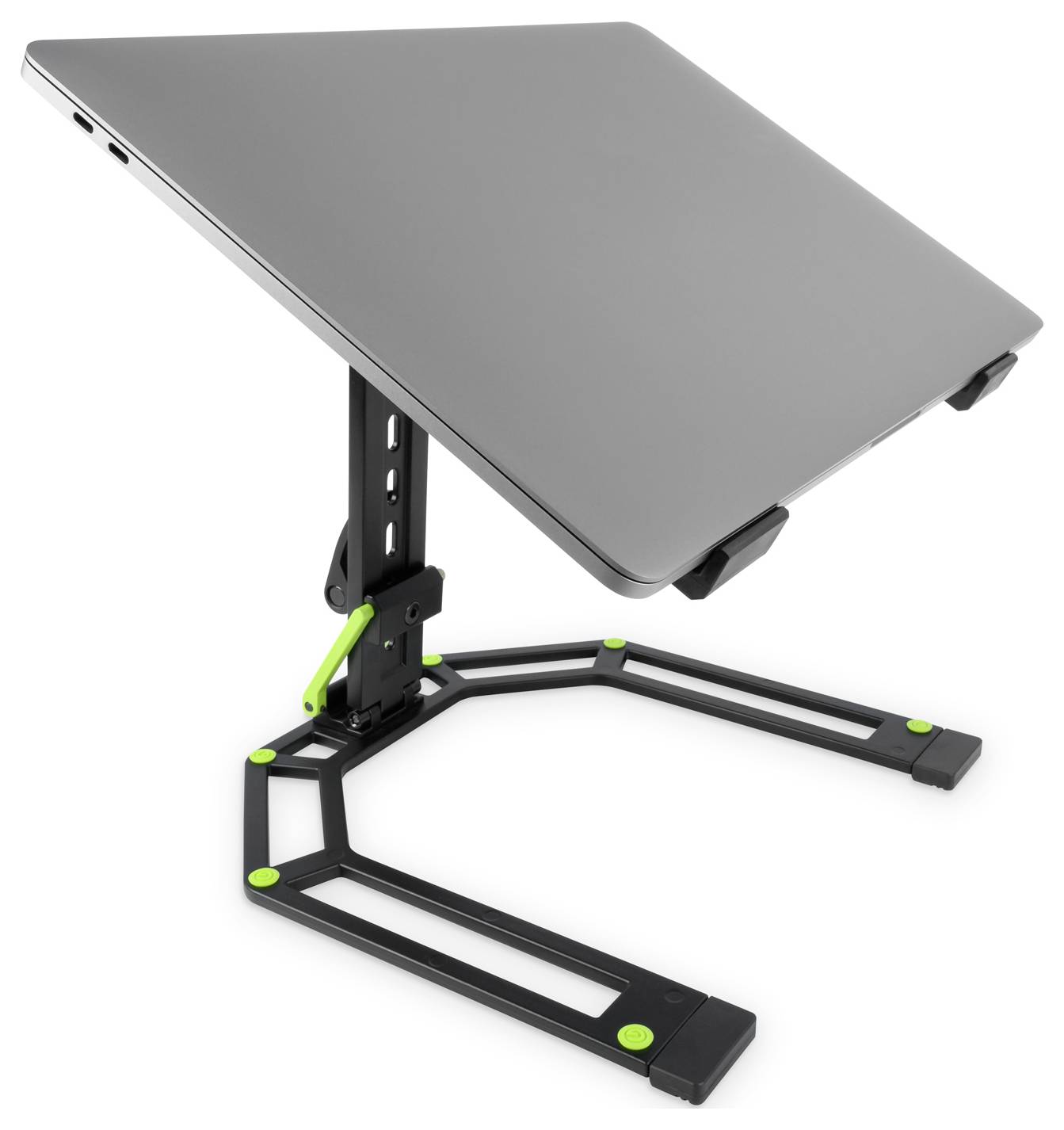 Verstellbarer Laptop-Ständer mit einer grau geneigten Plattform auf einem schwarzen Metallgestell mit grünen Akzenten, entwickelt zur Erhöhung und Unterstützung eines Laptops.