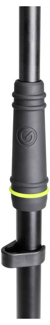 Schwarze verstellbare Klemme an einer vertikalen Stange mit einem hellgrünen Ring und kreisförmigem Logo, das die Stange an Ort und Stelle sichert.