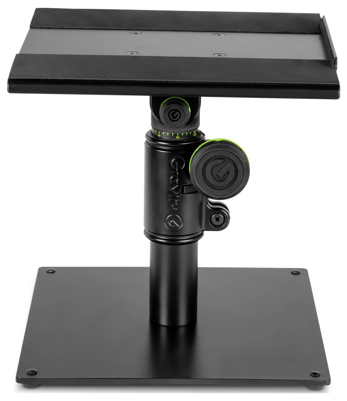 Schwarzes verstellbares Podium mit flacher Oberseite und Basis, Vorderansicht auf weißem Hintergrund gezeigt.
