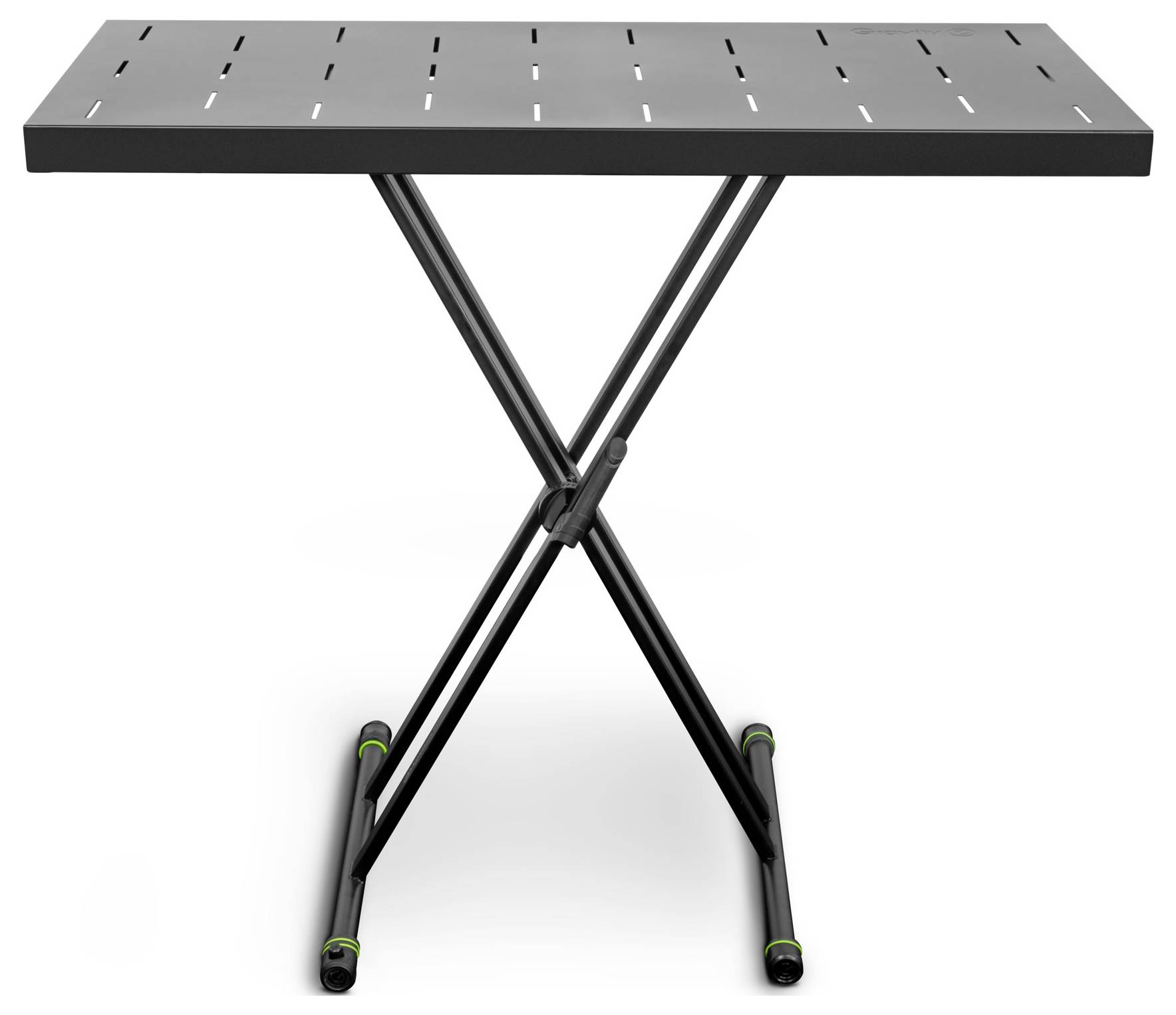 Schwarzer Klapptisch mit Lamellentop und X-förmigen Metallbeinen auf weißem Hintergrund.