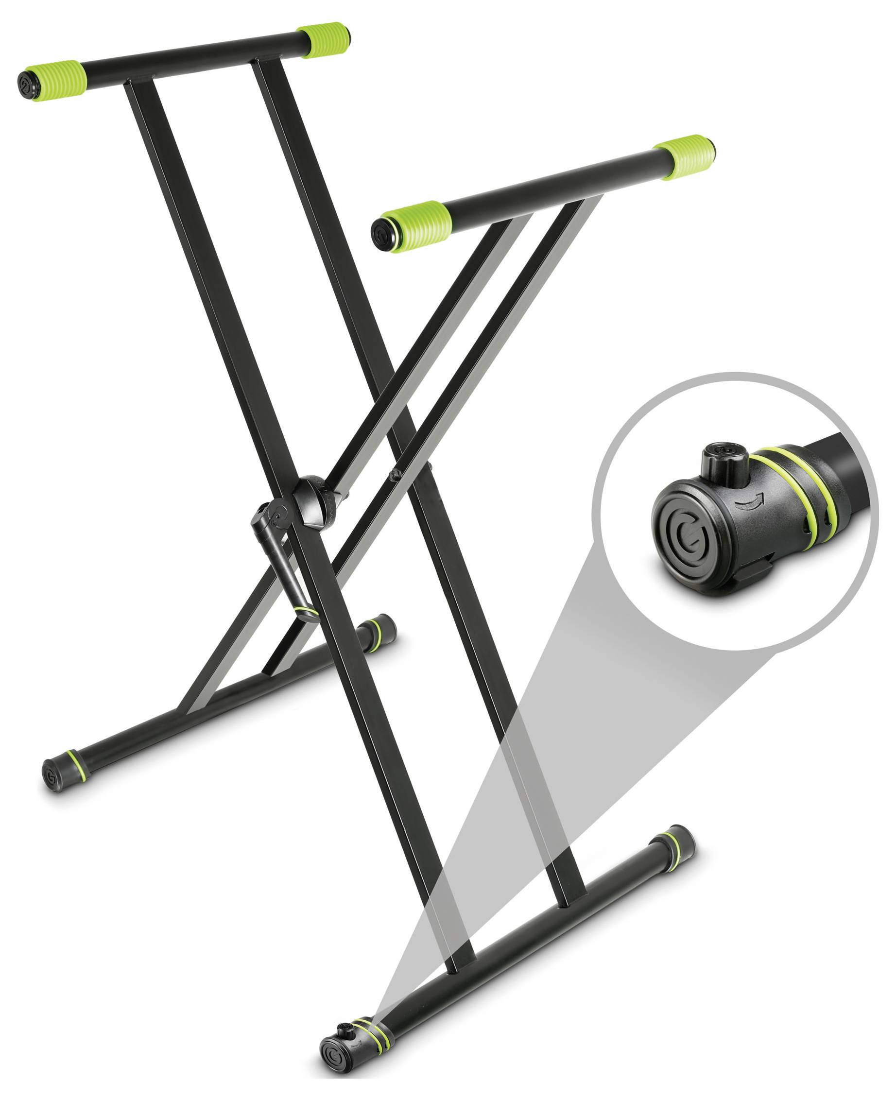 Schwarzes zusammenklappbares Trainingsgestell mit grünen Griffen, geöffnet in X-Form dargestellt; die Einführung zeigt einen Sperrverstellknopf.