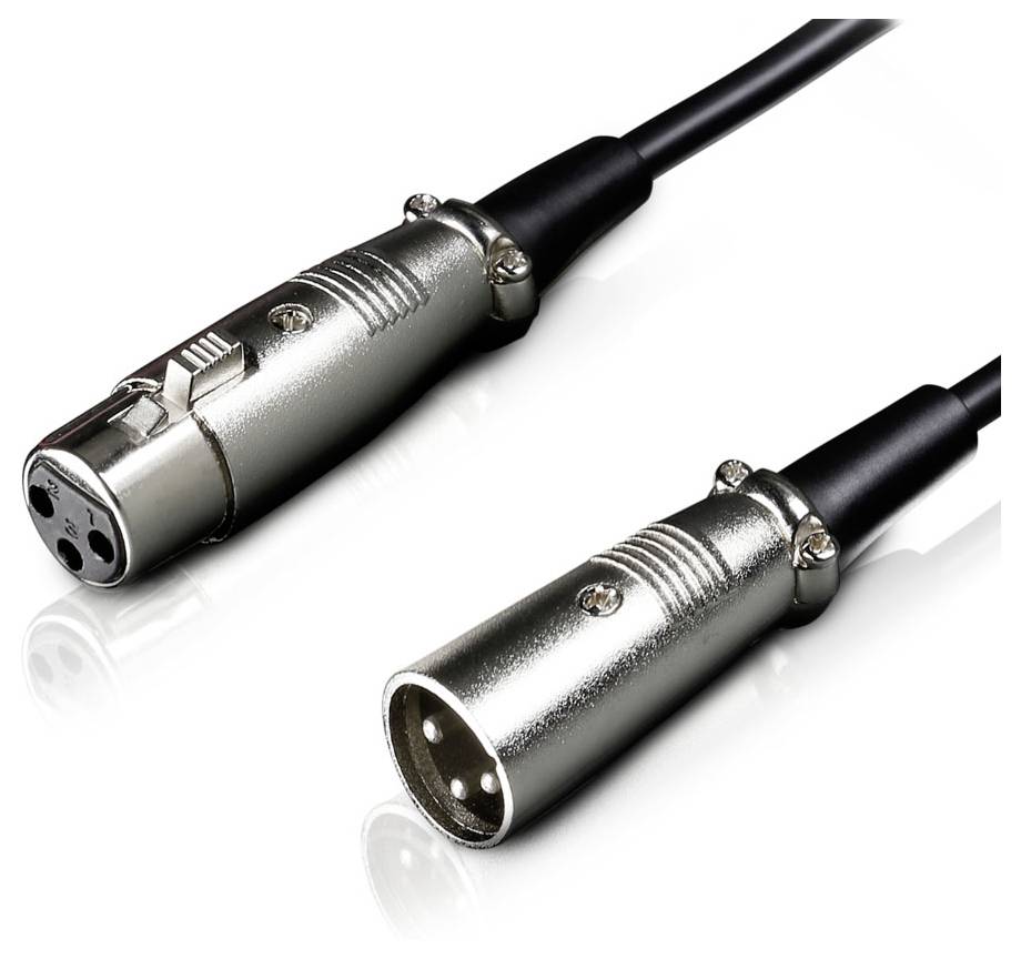 Zwei XLR-Audiokabelstecker, einer weiblich und einer männlich, auf weißem Hintergrund dargestellt.