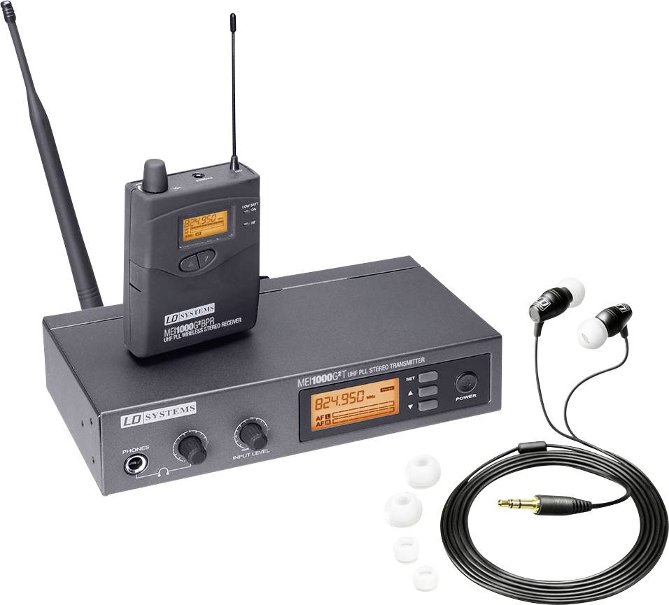 Kabelloses In-Ear-Monitor-System mit Empfänger, Rack-Sender, Ohrhörern und Kabelzubehör.
