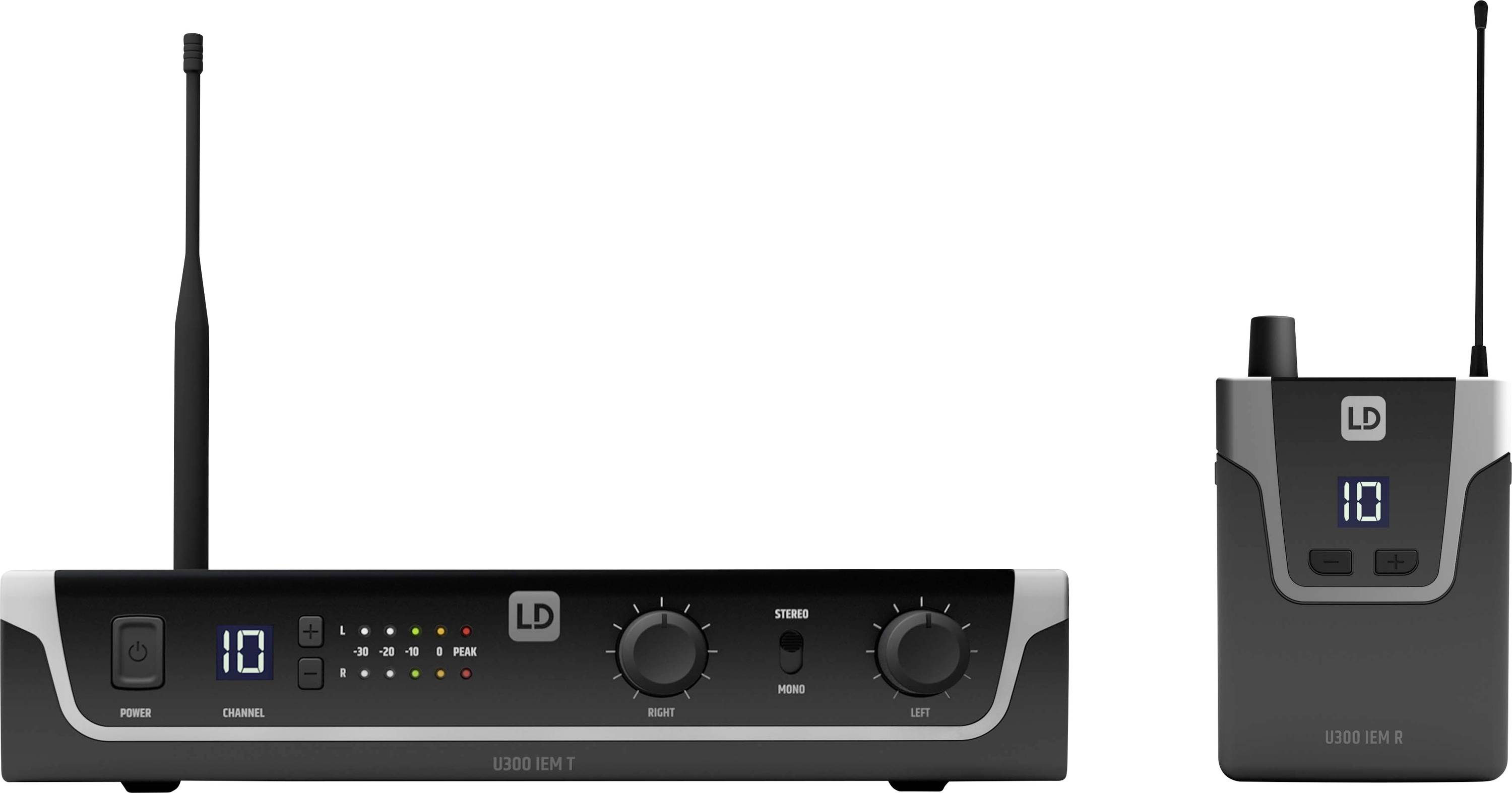 Kabelloses Audioempfänger- und Bodypack-Senderset mit Antenne, digitaler Anzeige und Bedienknöpfen für ein Mikrofonsystem.