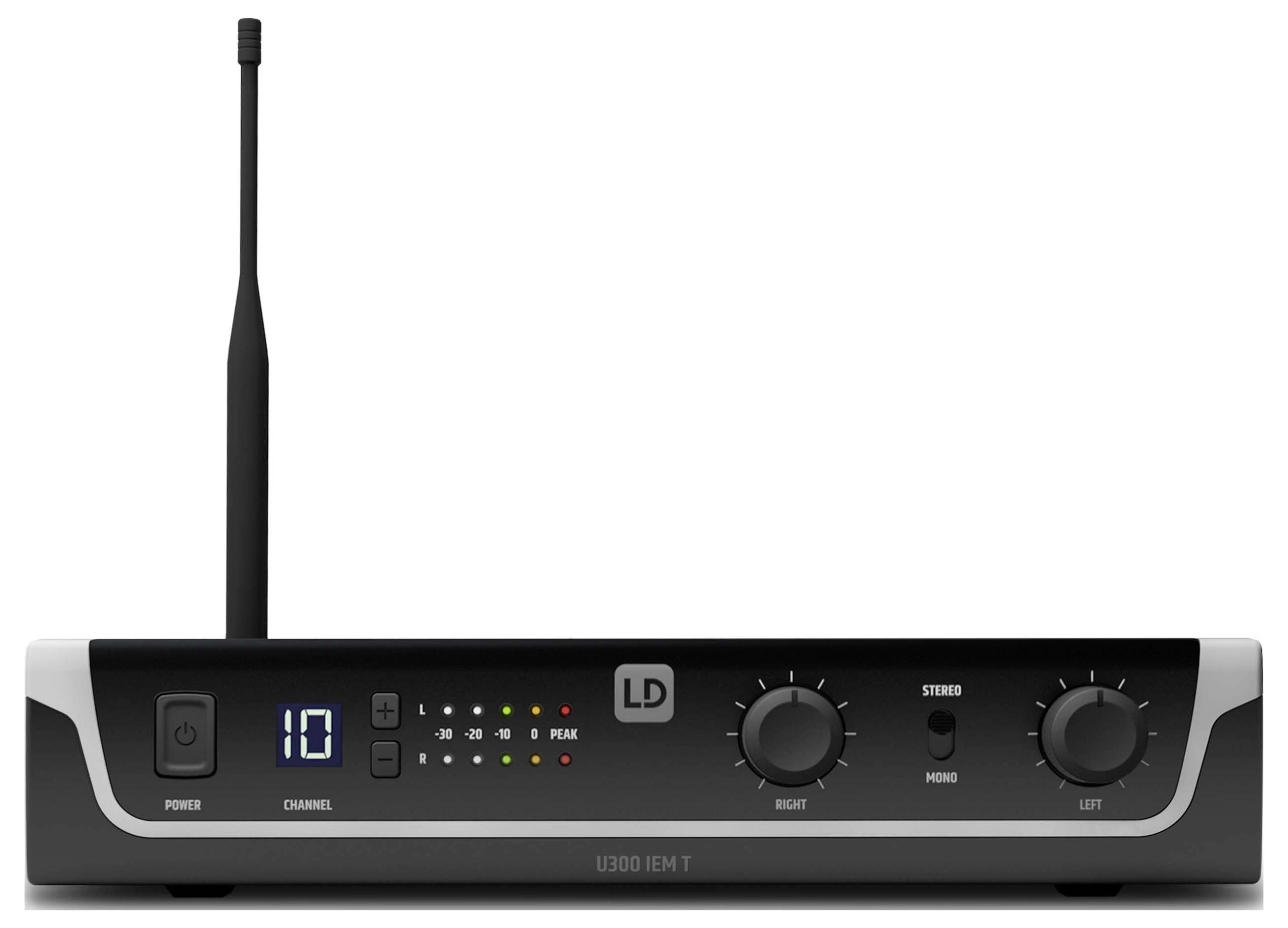 Kabelloses In-Ear-Monitor-Empfängergerät mit Antenne, Kanalanzeige, Signalleuchten und rechtem/linkem Lautstärkeregler.