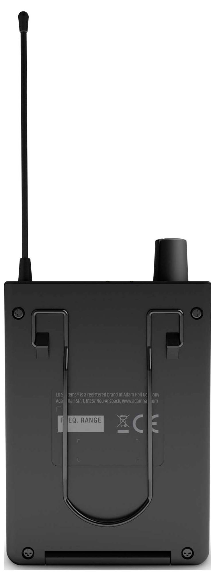 Rückansicht eines schwarzen kabellosen Geräts mit einer langen Antenne, Befestigungsklammern und einem Batteriegehäuse auf der Rückseite.