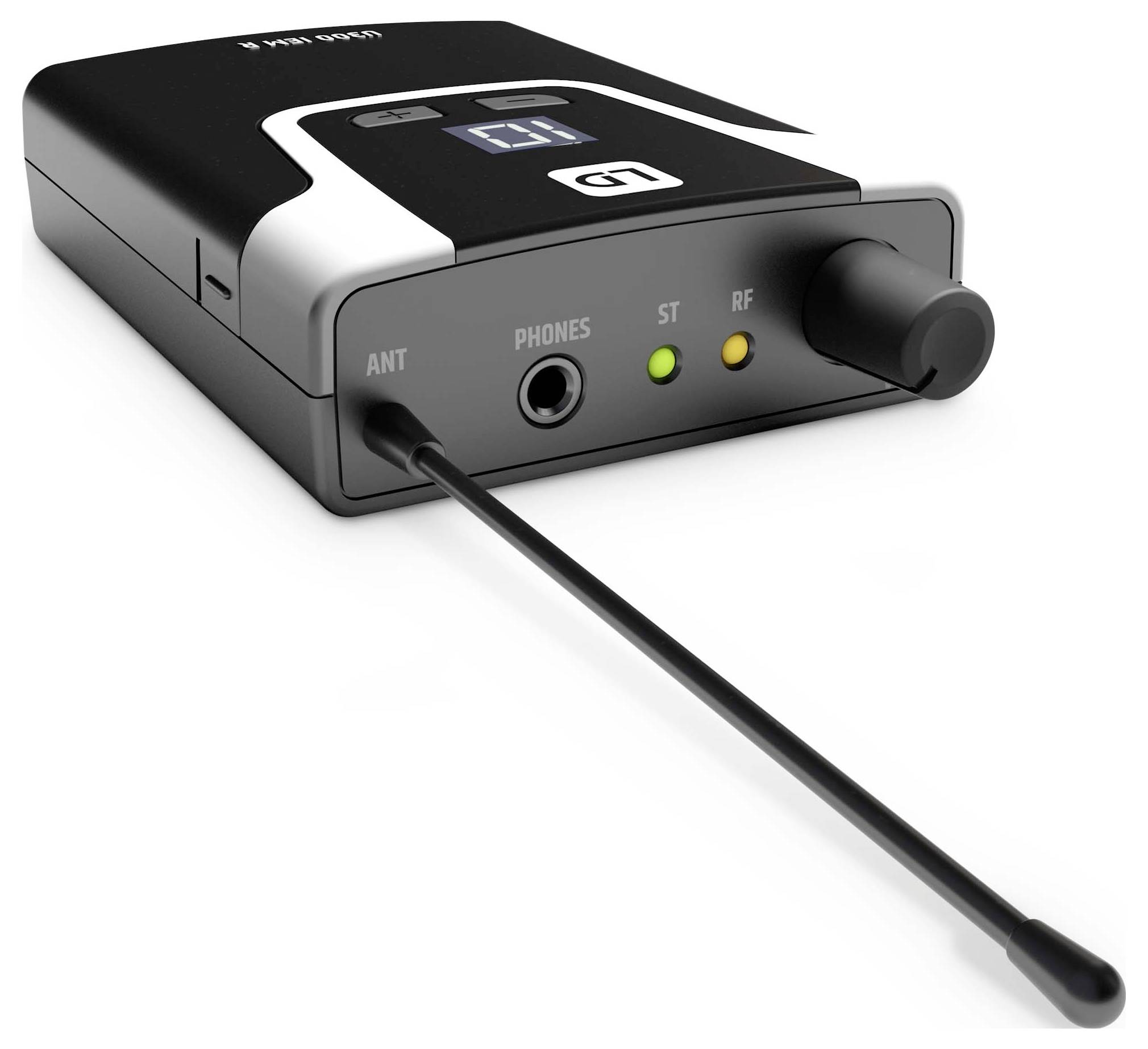 Tragbares Wireless-Gerät mit Antenne, Kopfhörerbuchse, Statusleuchten und Drehregler auf der Frontplatte.