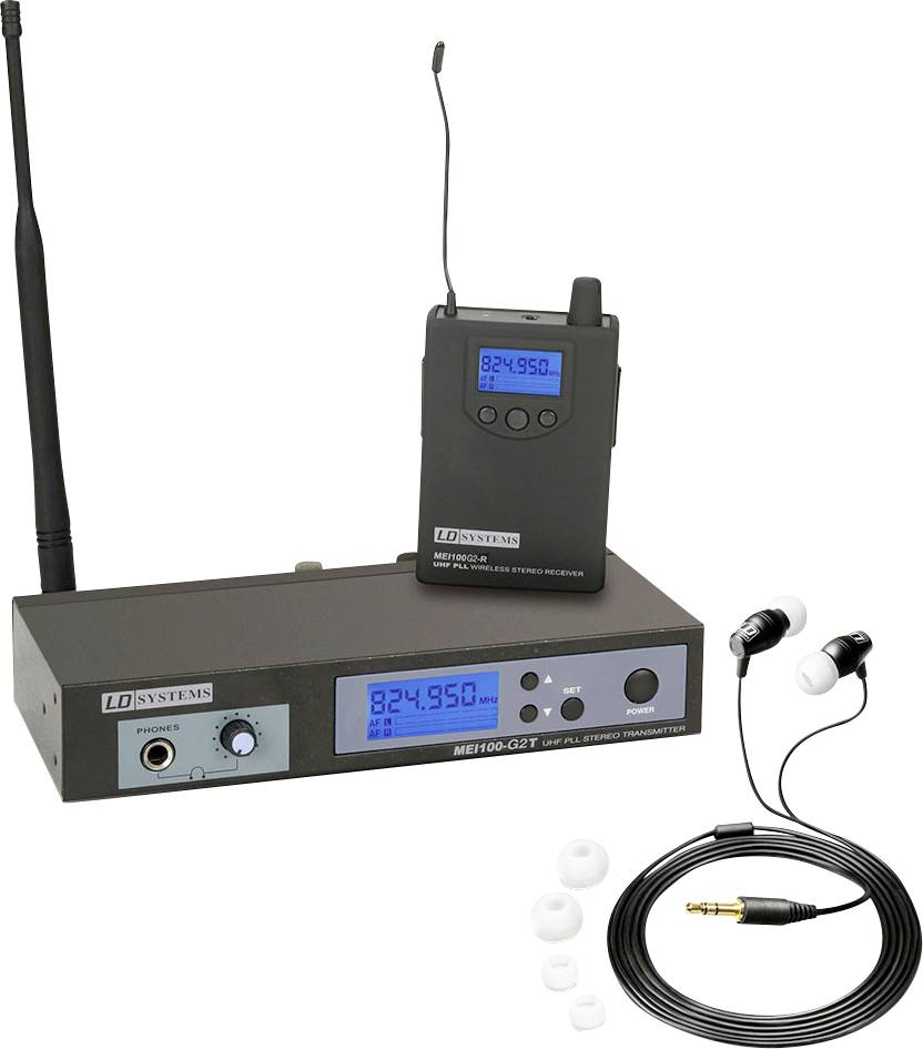 Kabelloses Audiosystem mit Sender und Bodypack-Empfänger sowie Kopfhörer- und Ohrhörer-Zubehör, dargestellt mit Basiseinheit auf weißem Hintergrund.