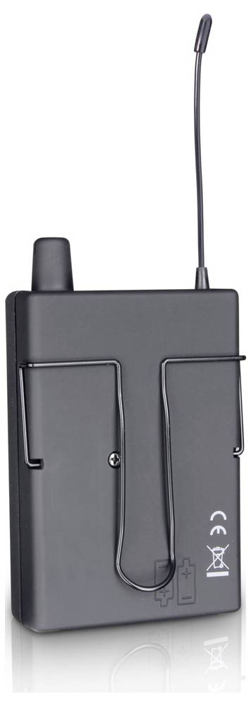 Schwarze kabellose Batteriebox mit aufrechter Antenne und zwei vorderen Clips, die einem tragbaren Funk- oder Kommunikationsgerät ähnelt.